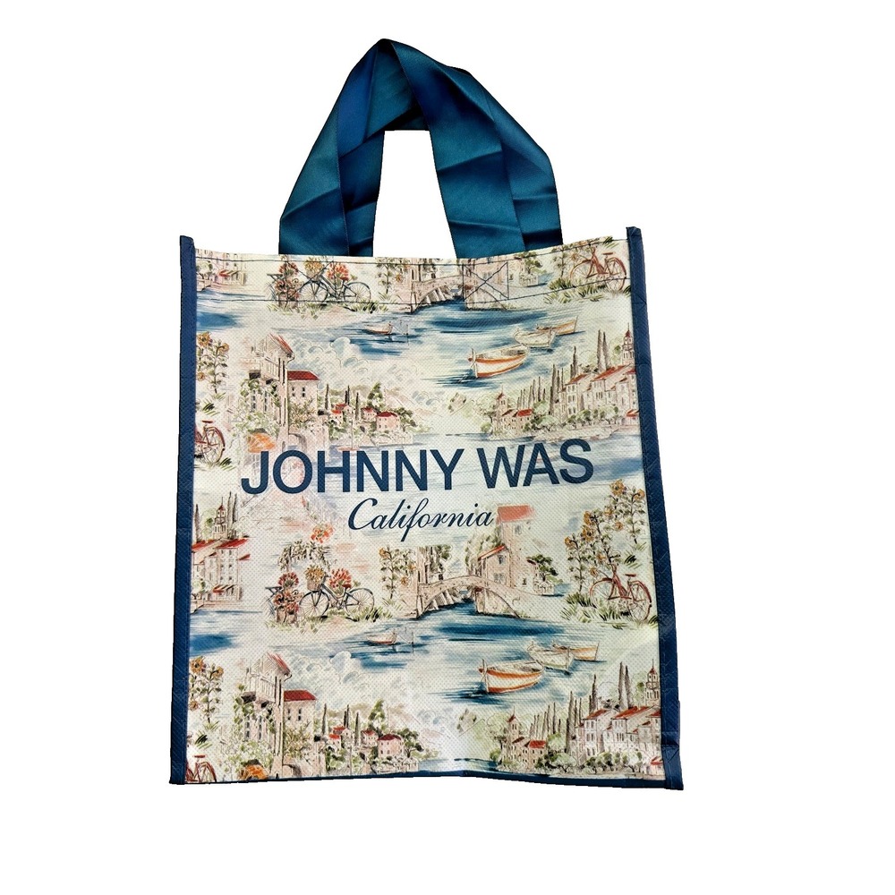 Johnny‎ Was Vakash Tote Bag Blue Scenic Print Reusable Shopper Boho Travel Beach